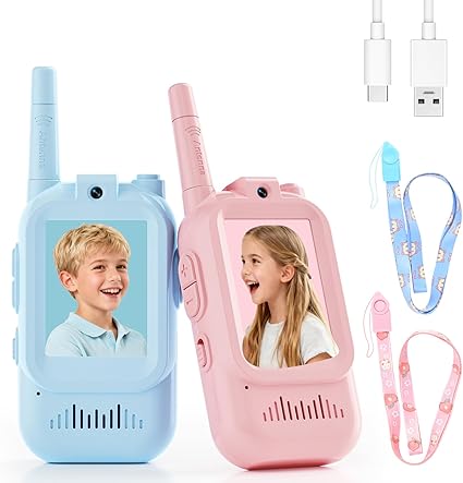 Video Walkie Talkies for Kids – Pack of 2 with Voice Changer, 1000 Feet Range, Fun Toys for Indoor Play, Camping, Hiking, Travel – Birthday for Boys and Girls Ages 3-12(Blue - Pink)