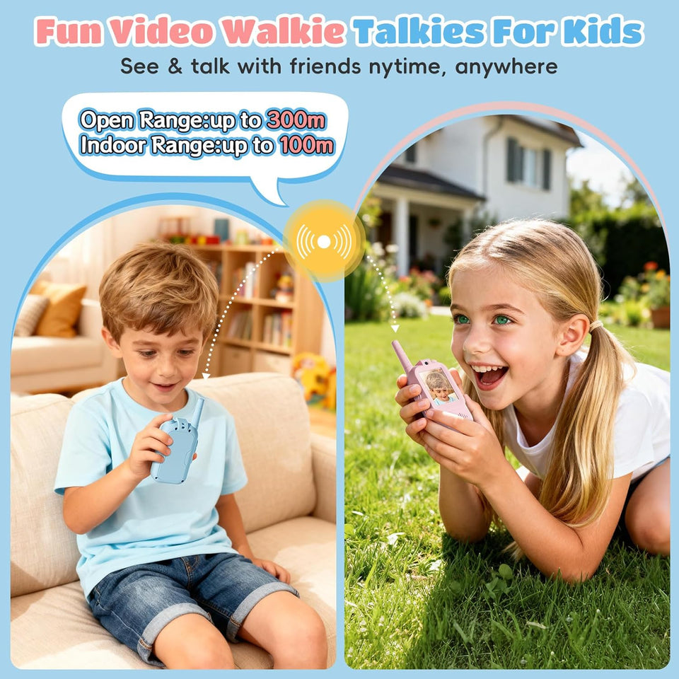 Video Walkie Talkies for Kids – Pack of 2 with Voice Changer, 1000 Feet Range, Fun Toys for Indoor Play, Camping, Hiking, Travel – Birthday for Boys and Girls Ages 3-12(Blue - Pink)